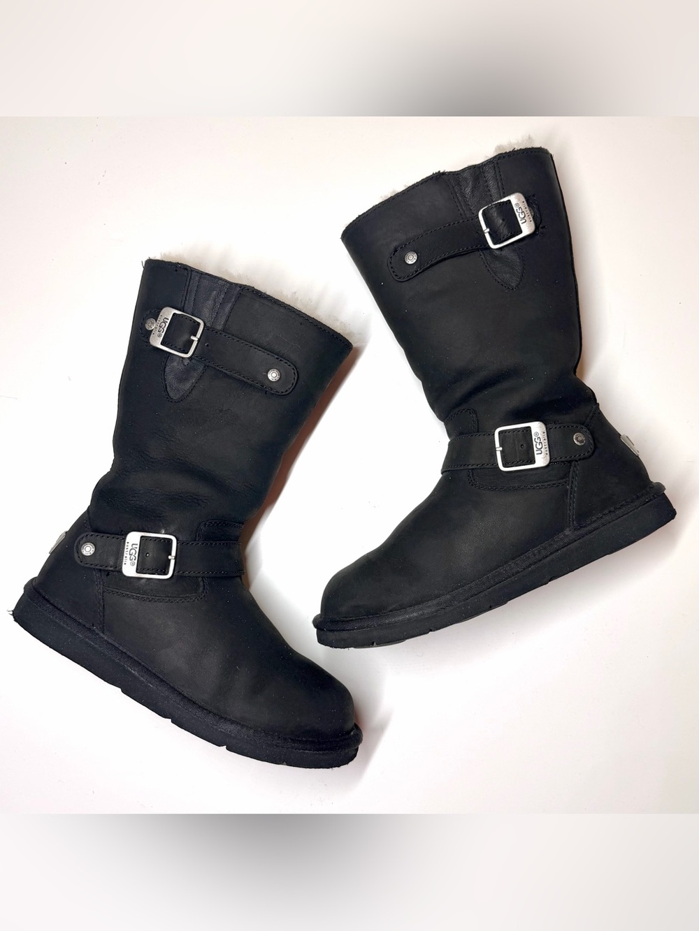 UGG Women’s Kensington Black Buckle Shearling Boots Size- 7